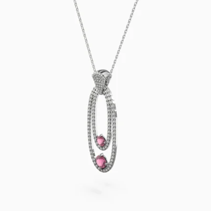 Delicate double oval pendant with pink spinels and natural diamonds, crafted in white gold - LYNA NECKLACE lucentset