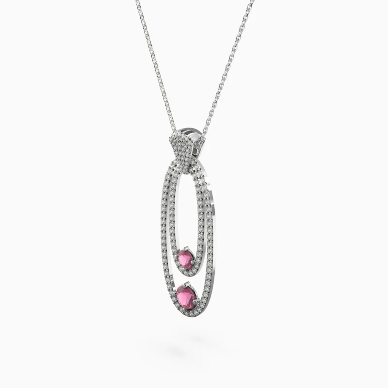 Delicate double oval pendant with pink spinels and natural diamonds, crafted in white gold - LYNA NECKLACE lucentset