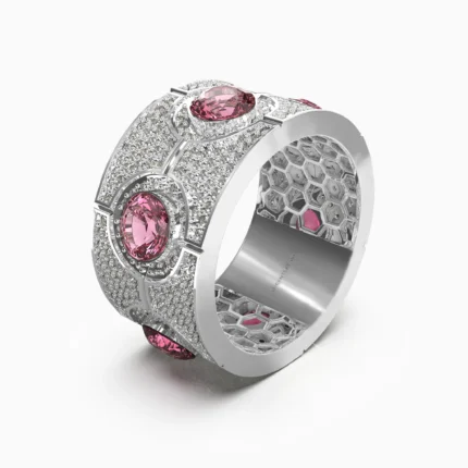 Elegant pink spinel ring surrounded by lucentset