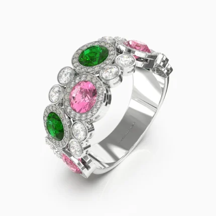 Pink spinel and garnet-demantoid-diamond ring in 18K white gold SERAPHINA-RING -lucentset