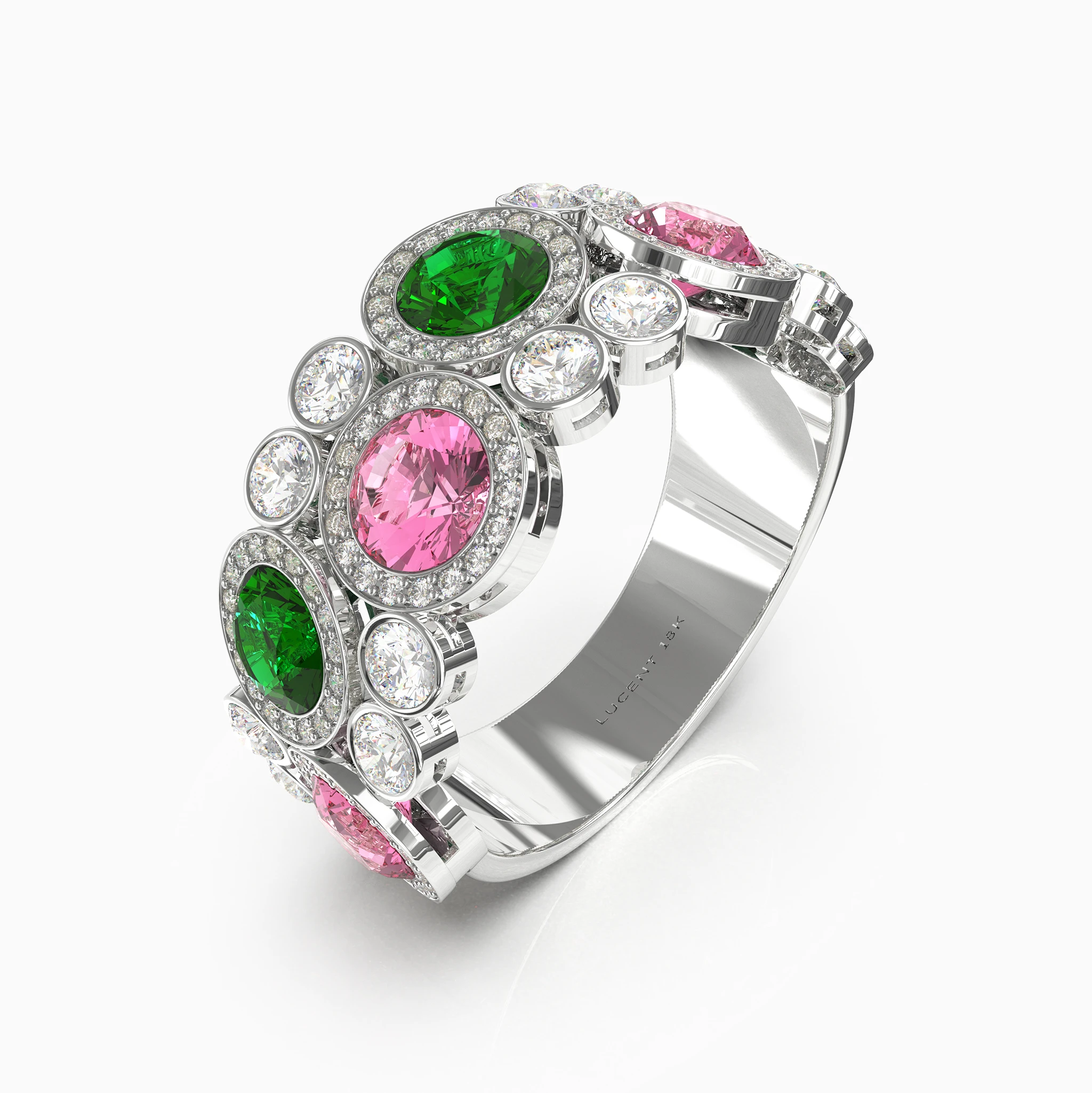 Lucentset, Gold, Garnet, and Demantoid SERAPHINA-RING-4 Pink spinel and garnet-demantoid-diamond ring in 18K white gold SERAPHINA-RING -lucentset