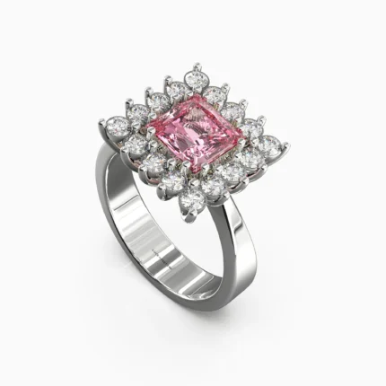 Elegant pink spinel ring surrounded by sparkling white diamonds -LIBRA-RING-6- lucentset