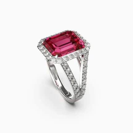 Elegant natural red tourmaline ring surrounded by sparkling white diamonds -FARAH-Ring-80- lucentset
