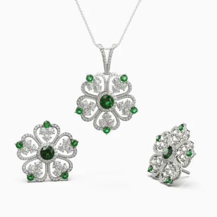 Luxury jewelry set in white gold adorned with green demantoid garnet and diamonds - avin-set-1- lucentset