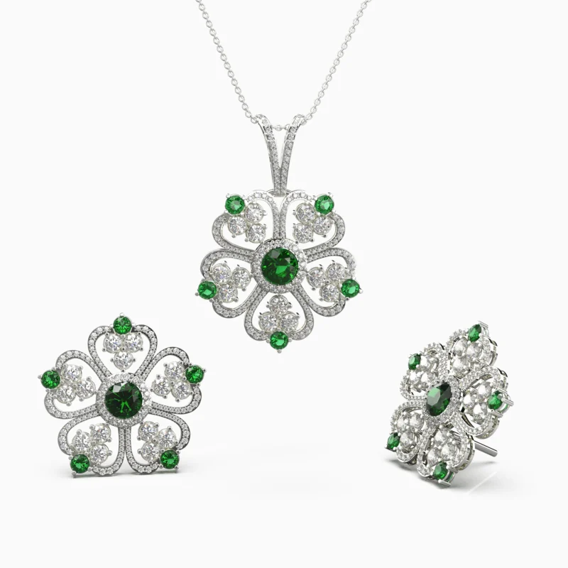 Luxury jewelry set in white gold adorned with green demantoid garnet and diamonds - avin-set-1- lucentset